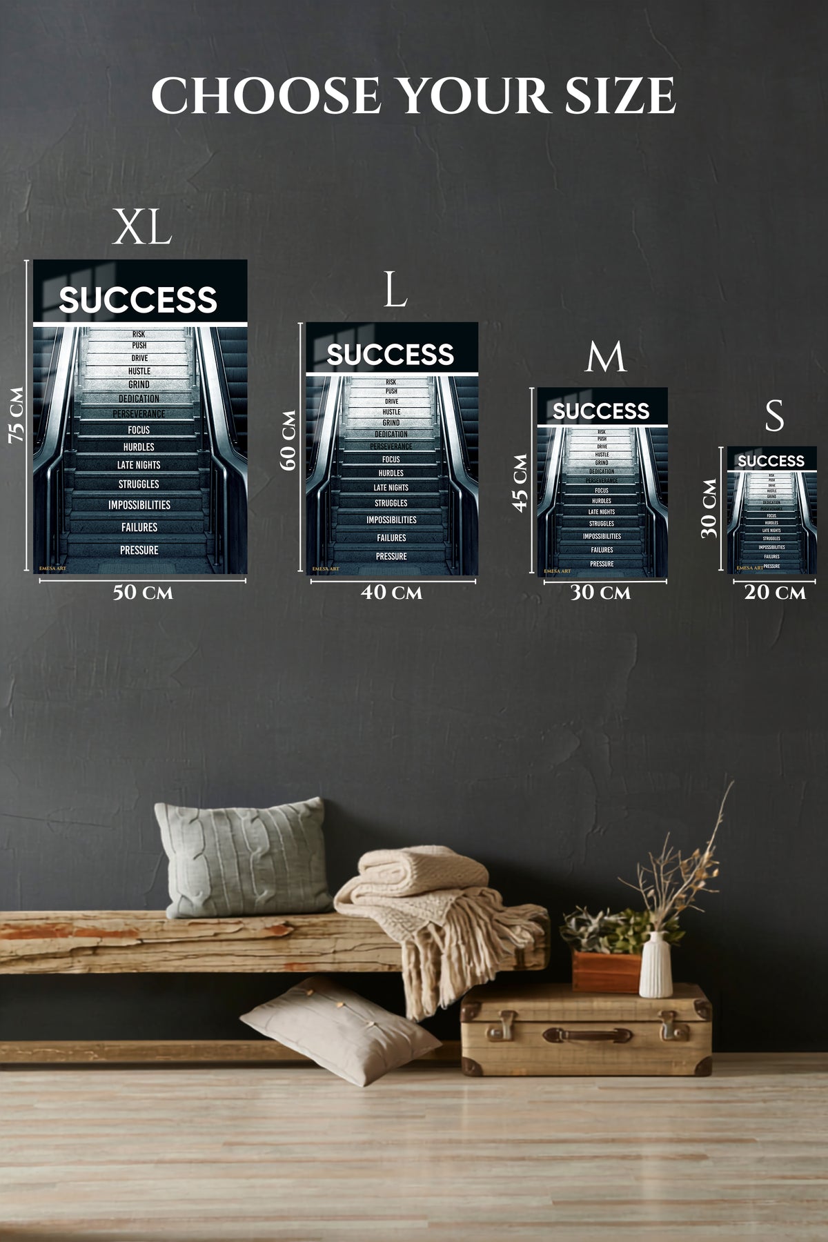 EMESA metal wall art size comparison guide for Success Is Built on the Climb
