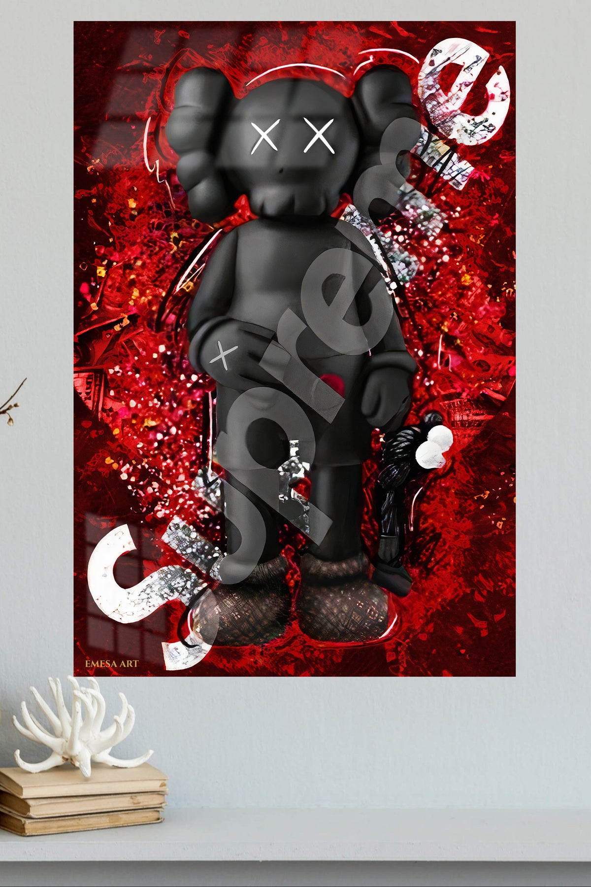 Red Riot X-Eyed Figure metal wall art displayed in a modern interior
