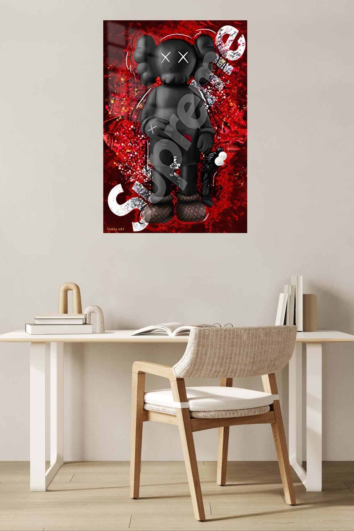 Red Riot X-Eyed Figure metal wall art displayed in a contemporary living space