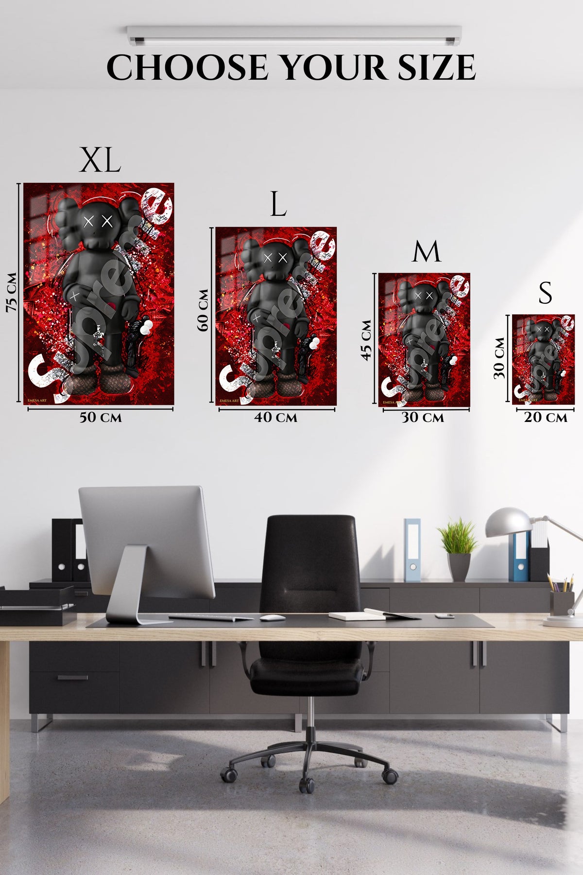 EMESA metal wall art size comparison guide for Red Riot X-Eyed Figure