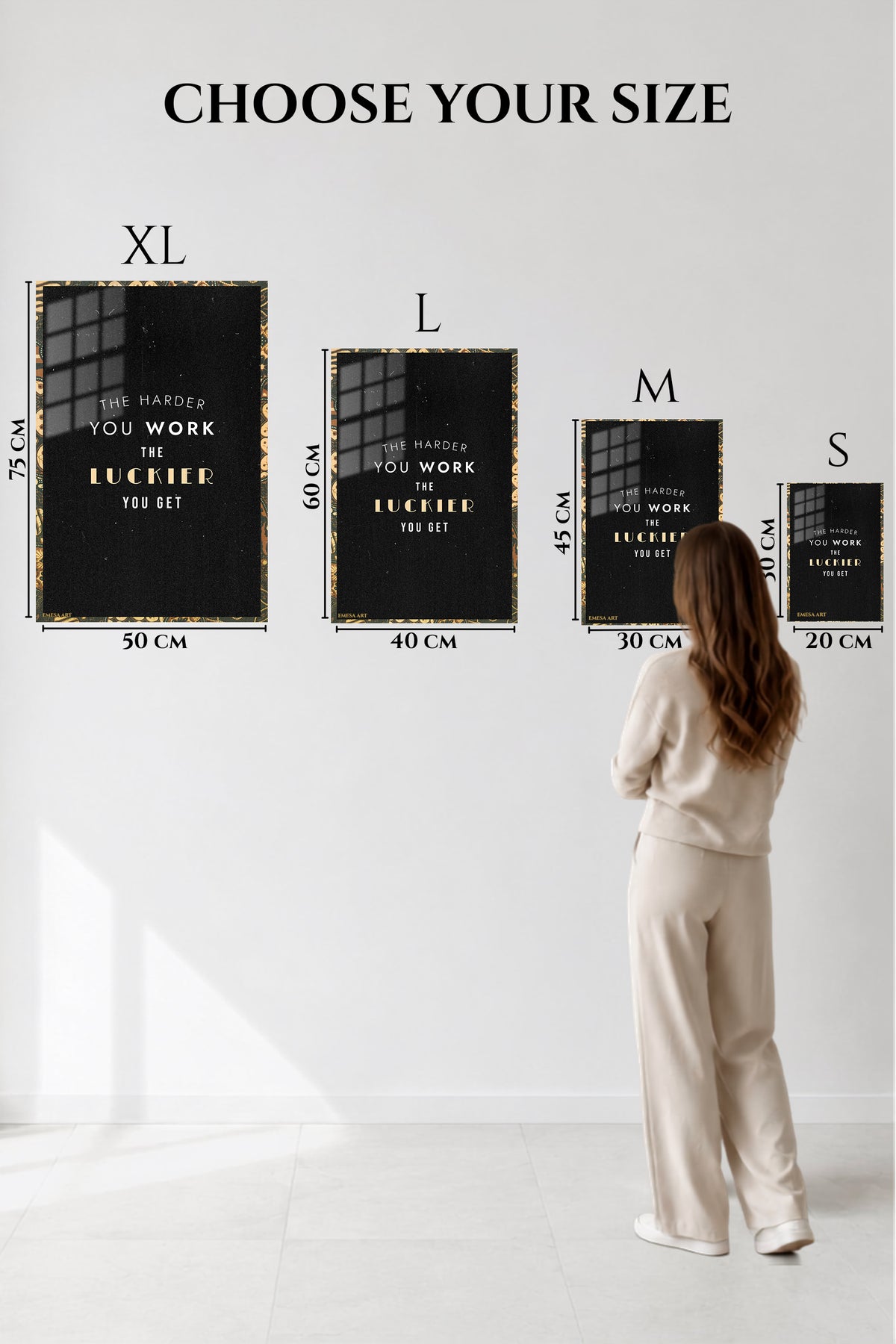 EMESA metal wall art size comparison guide for The Harder You Work Typography
