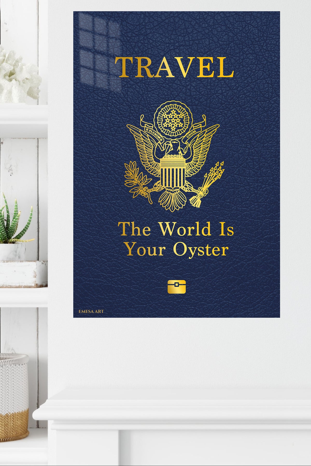 Travel the World Oyster Quote metal wall art displayed in a modern interior