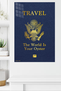 Travel the World Oyster Quote metal wall art displayed in a modern interior