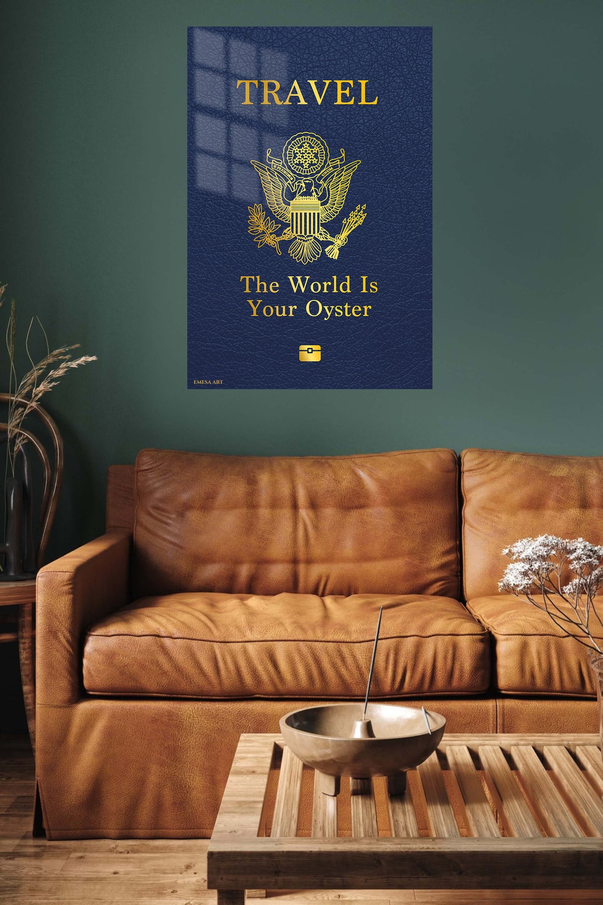 Travel the World Oyster Quote metal wall art displayed in a contemporary living space