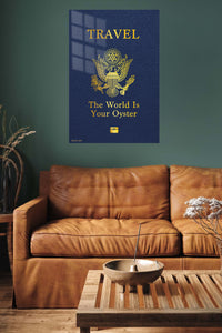 Travel the World Oyster Quote metal wall art displayed in a contemporary living space