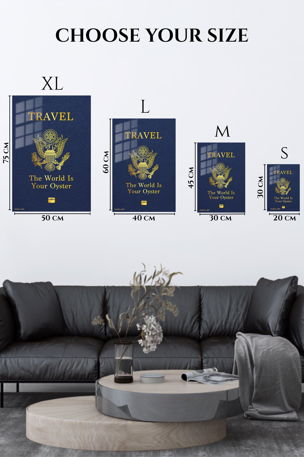 EMESA metal wall art size comparison guide for Travel the World Oyster Quote