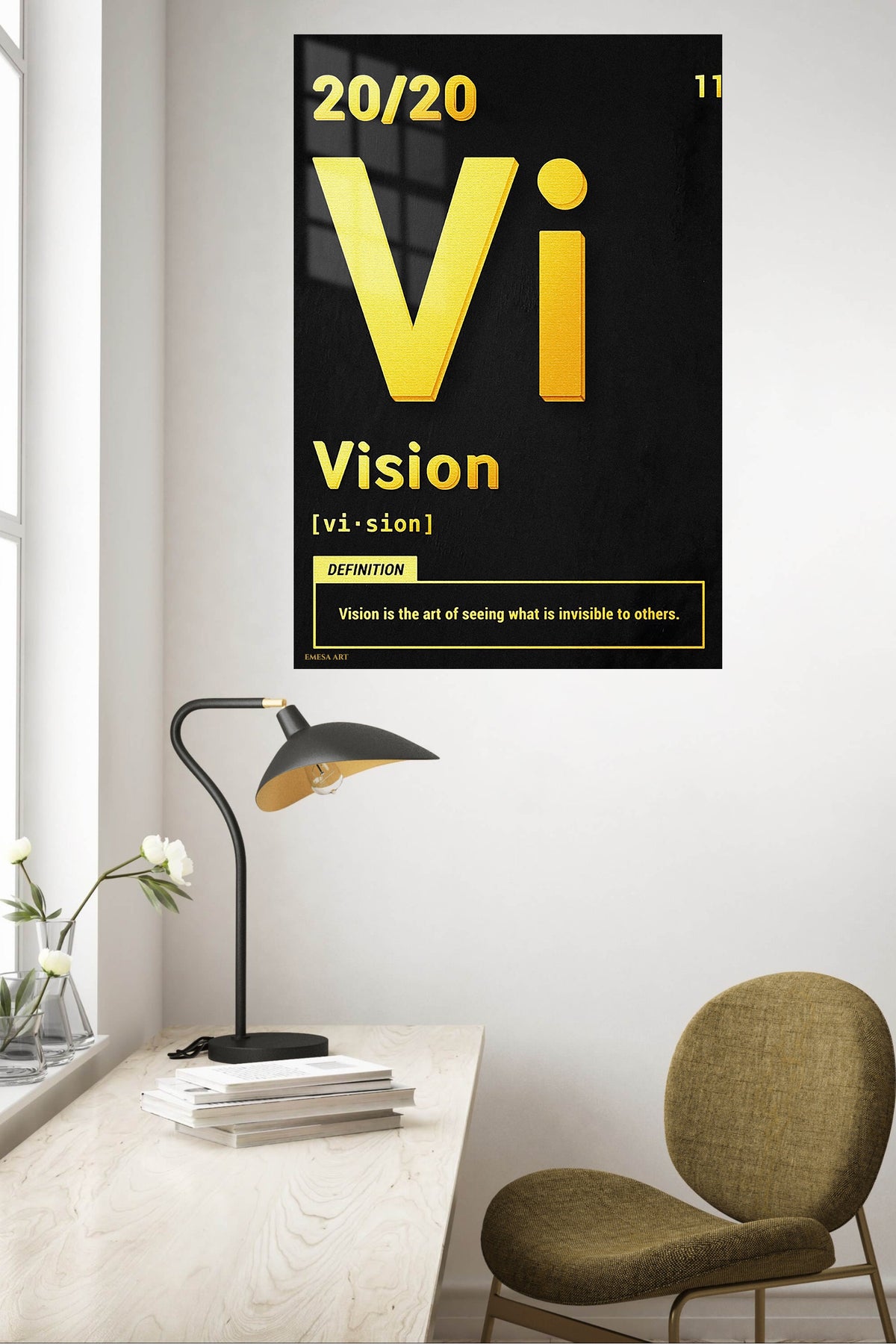 Golden Vision Definition metal wall art displayed in a contemporary living space
