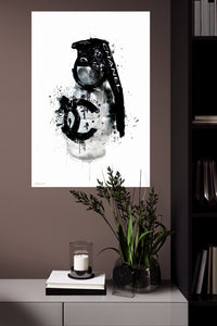 Monochrome Camera Ink Splash metal wall art displayed in a modern interior