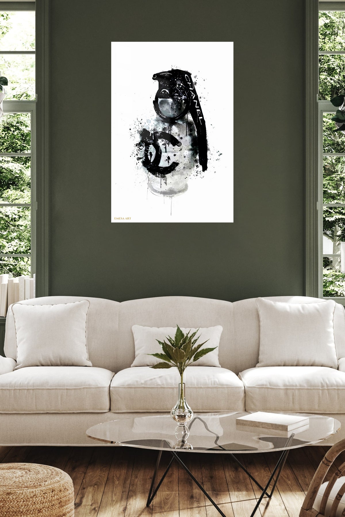 Monochrome Camera Ink Splash metal wall art displayed in a contemporary living space