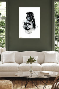 Monochrome Camera Ink Splash metal wall art displayed in a contemporary living space