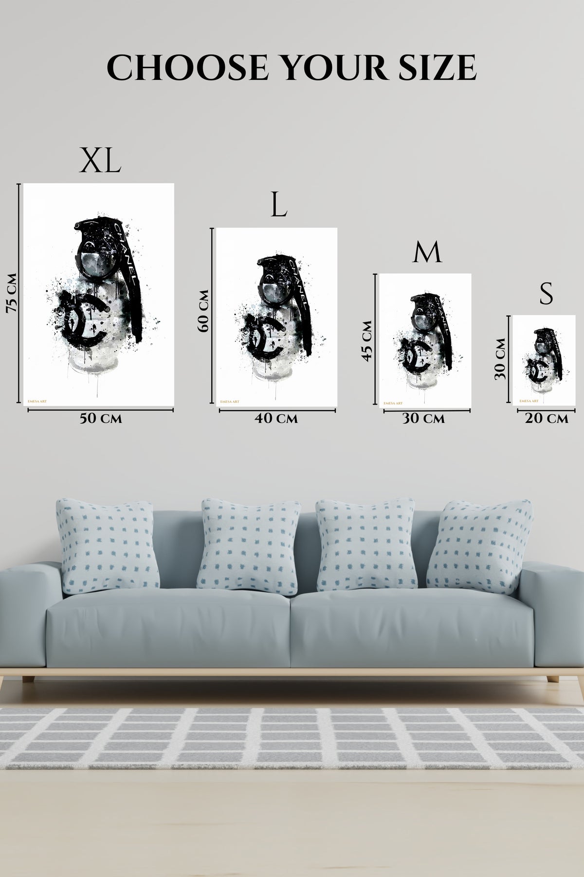 EMESA metal wall art size comparison guide for Monochrome Camera Ink Splash
