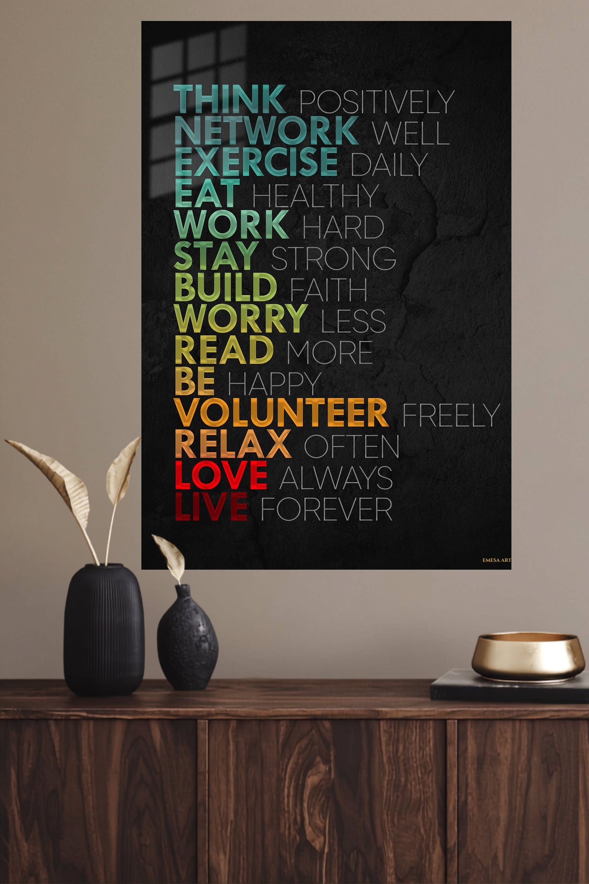 Live Positive Daily metal wall art displayed in a modern interior