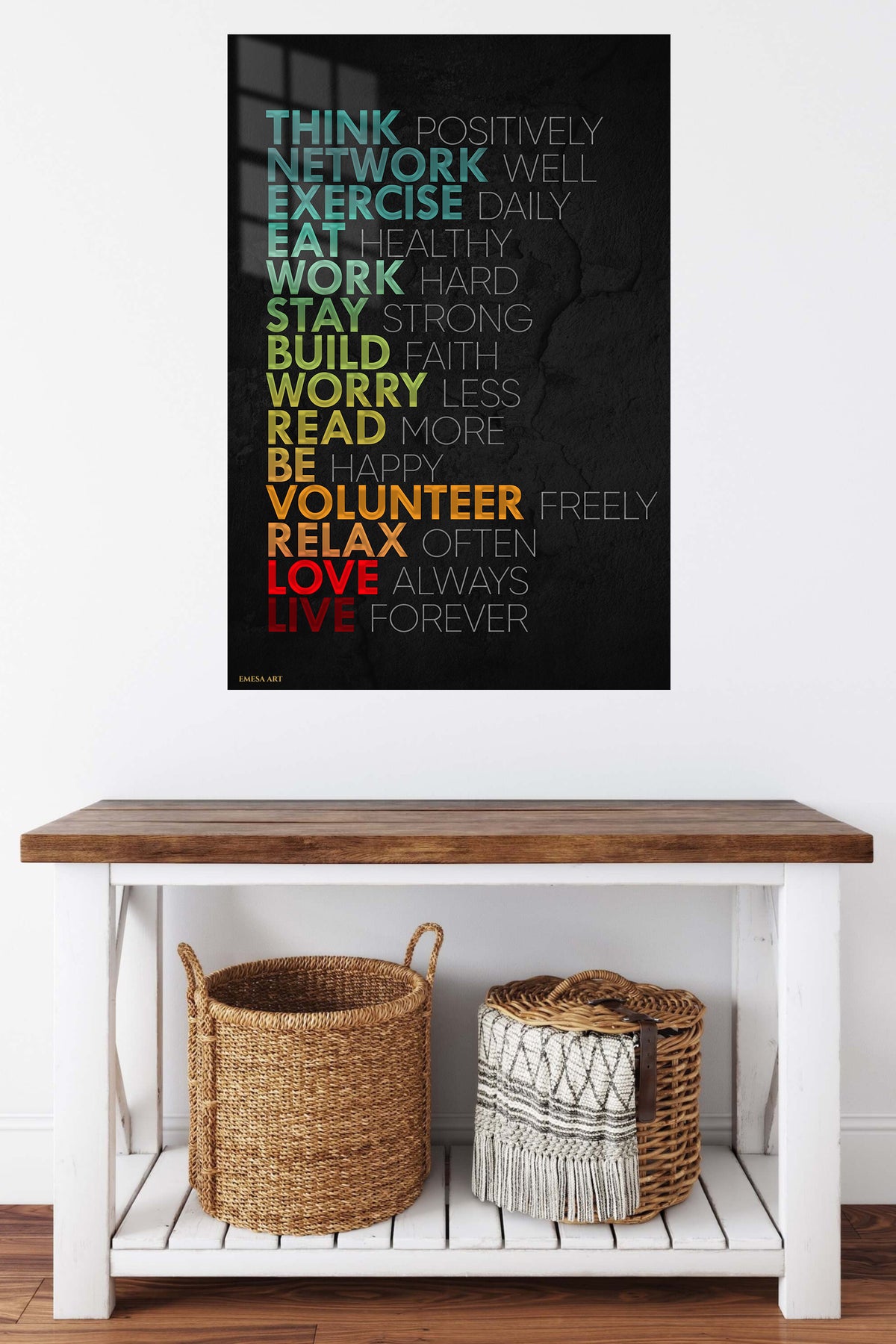 Live Positive Daily metal wall art displayed in a contemporary living space
