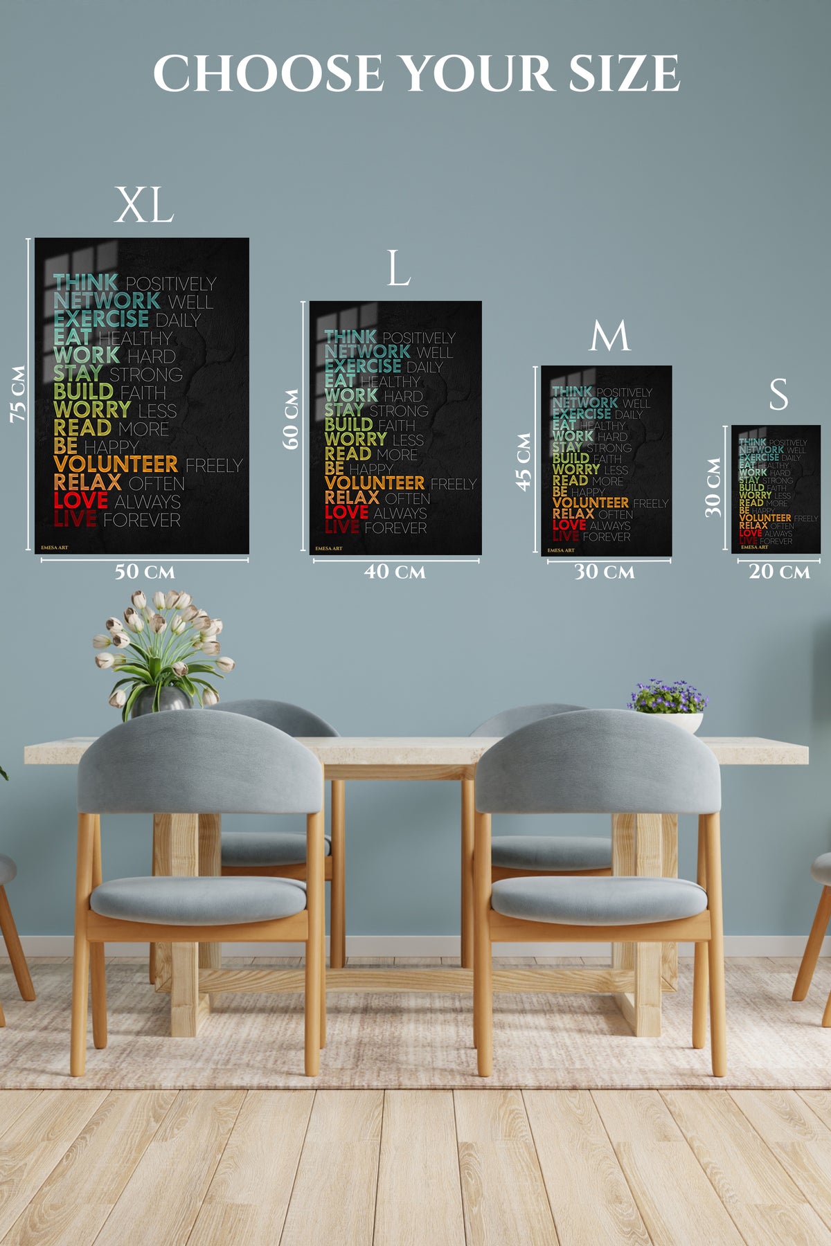 EMESA metal wall art size comparison guide for Live Positive Daily