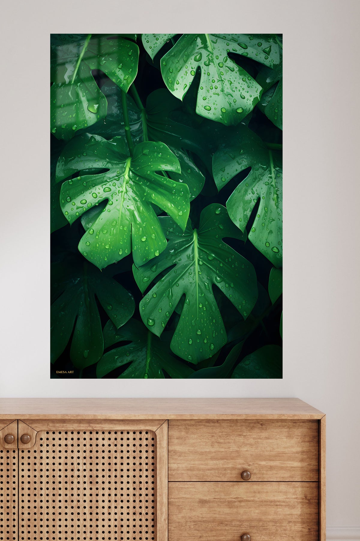 Dew-Kissed Monstera Canopy metal wall art displayed in a modern interior