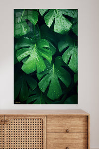 Dew-Kissed Monstera Canopy metal wall art displayed in a modern interior