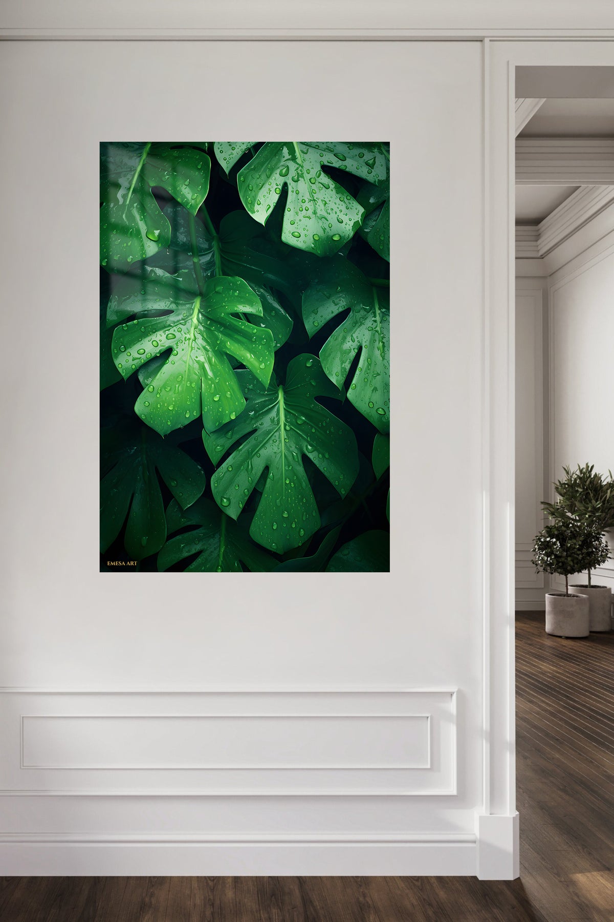 Dew-Kissed Monstera Canopy metal wall art displayed in a contemporary living space