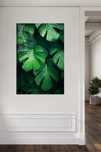 Dew-Kissed Monstera Canopy metal wall art displayed in a contemporary living space