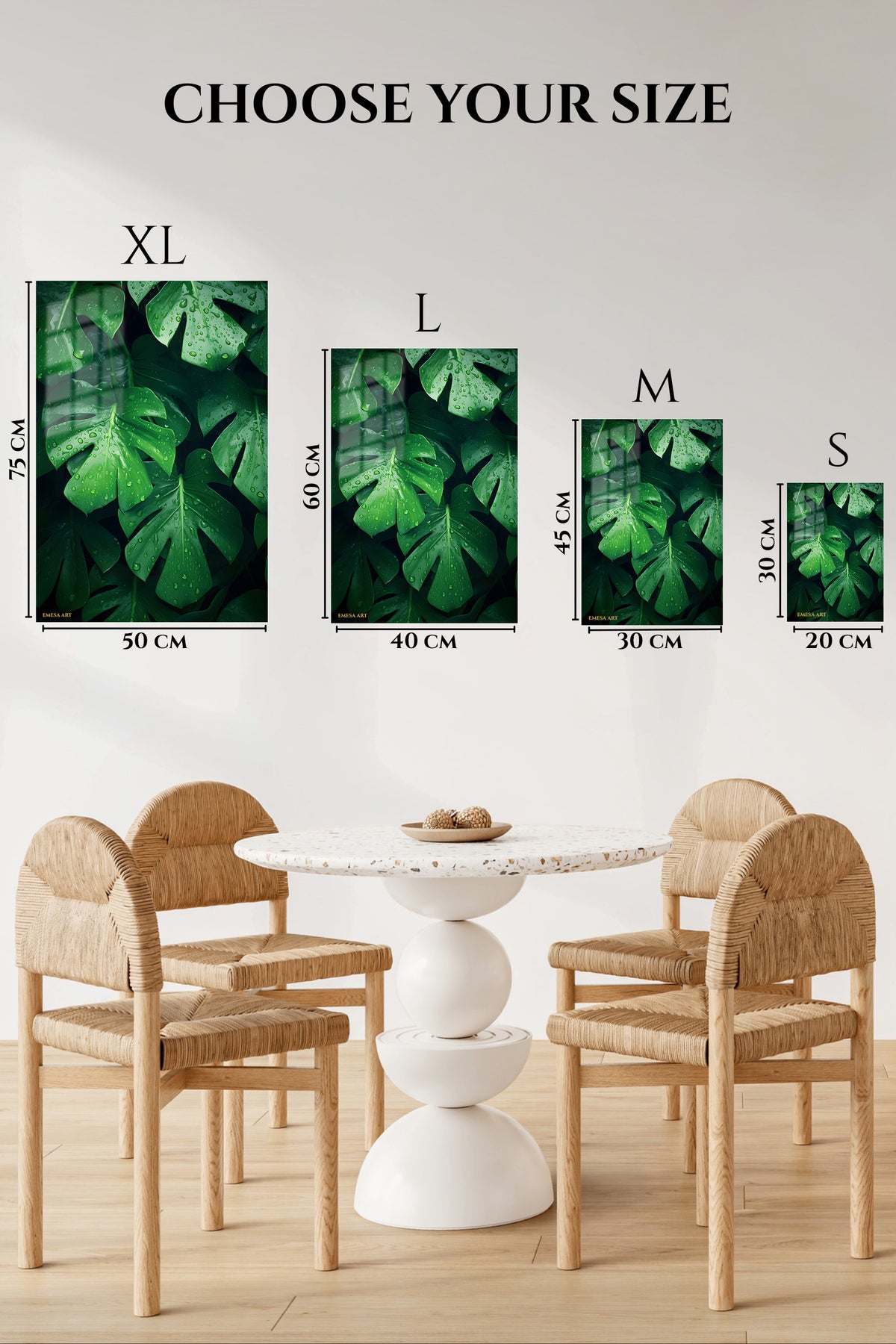 EMESA metal wall art size comparison guide for Dew-Kissed Monstera Canopy