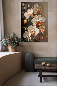 Ivory Orchid Cascade metal wall art displayed in a contemporary living space