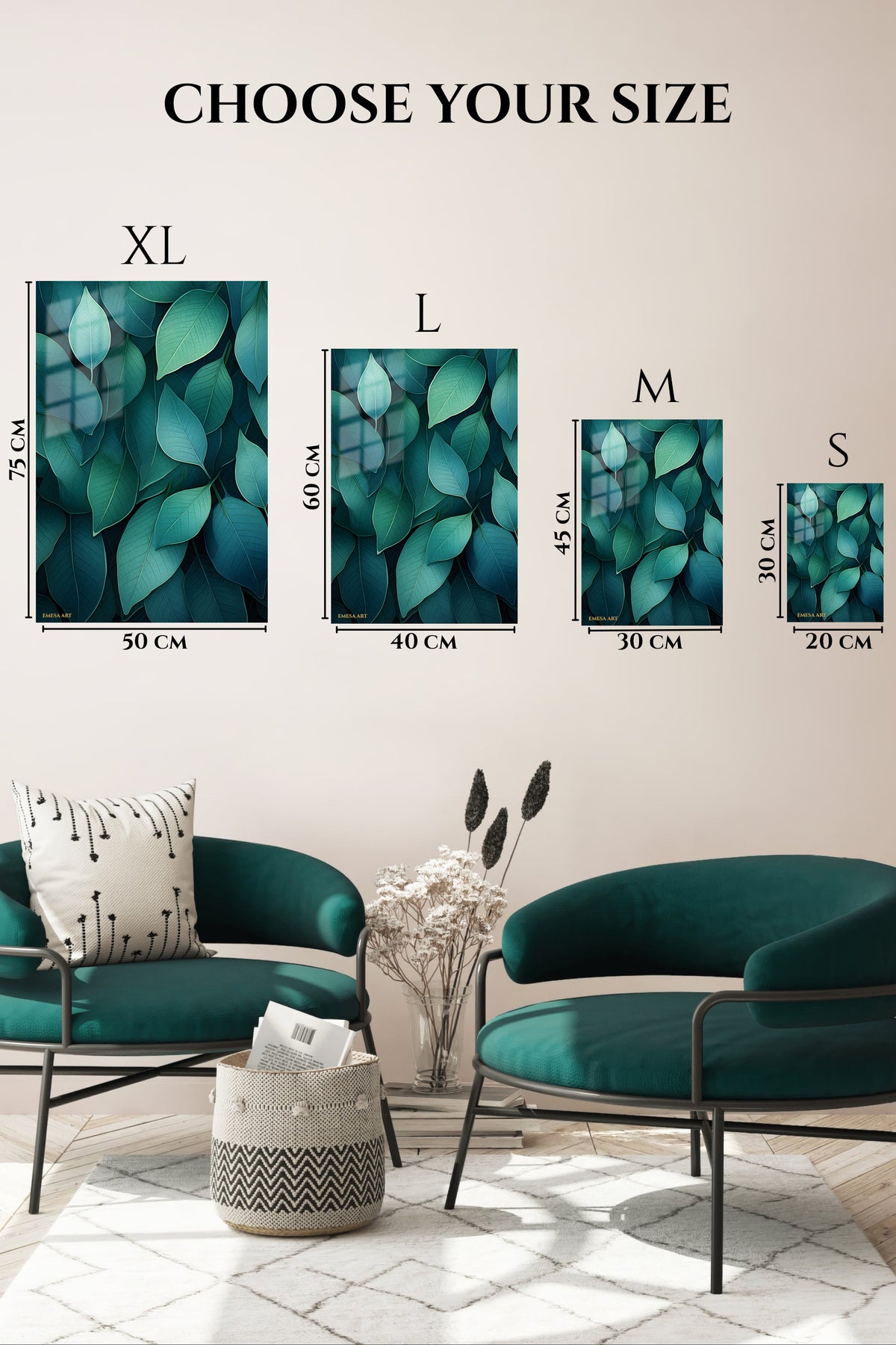 EMESA metal wall art size comparison guide for Teal Leaf Canopy