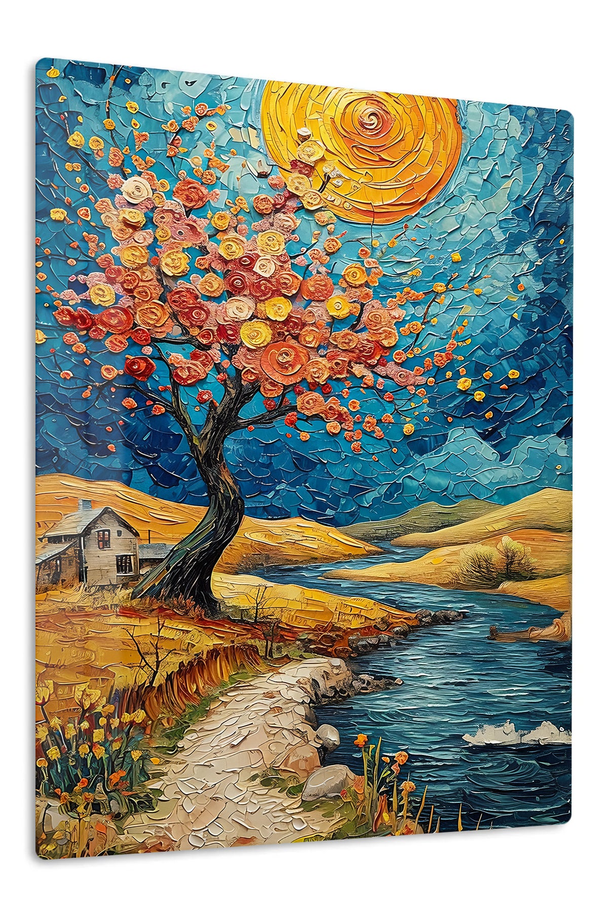 Golden Rose Tree by the River premium metal wall art – front view
