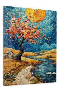 Golden Rose Tree by the River premium metal wall art – front view