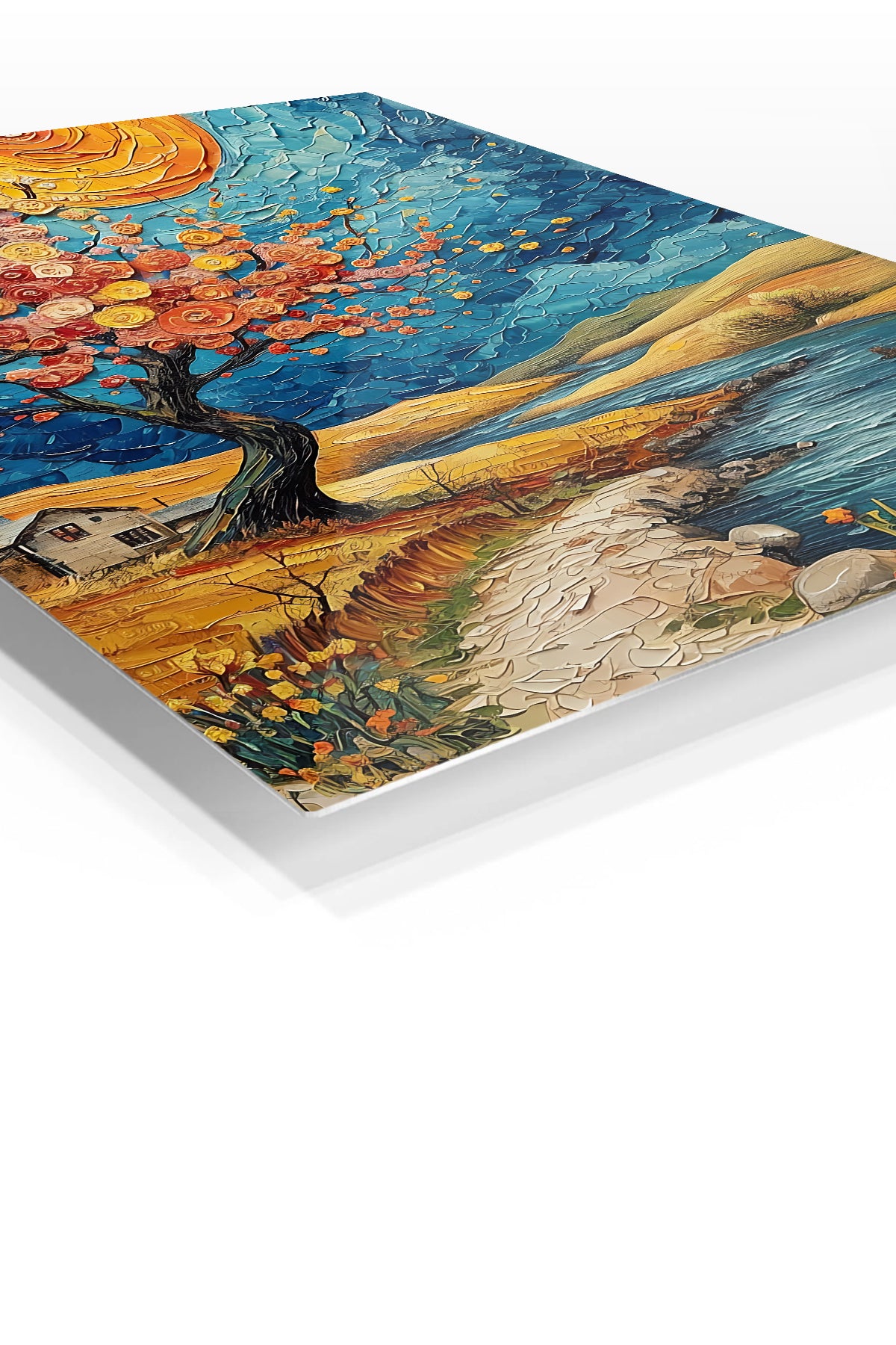 Golden Rose Tree by the River premium metal wall art – angled view