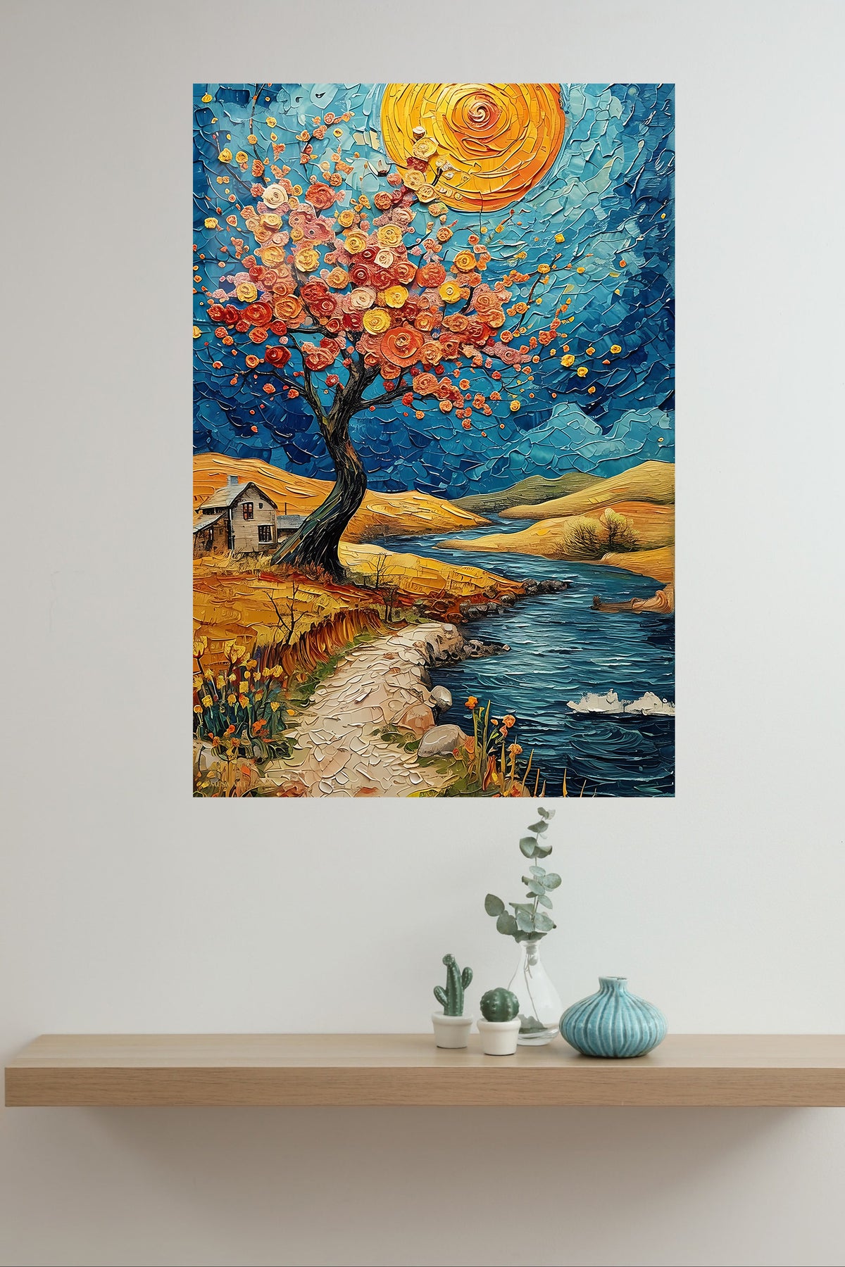 Golden Rose Tree by the River metal wall art displayed in a modern interior
