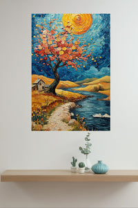Golden Rose Tree by the River metal wall art displayed in a modern interior