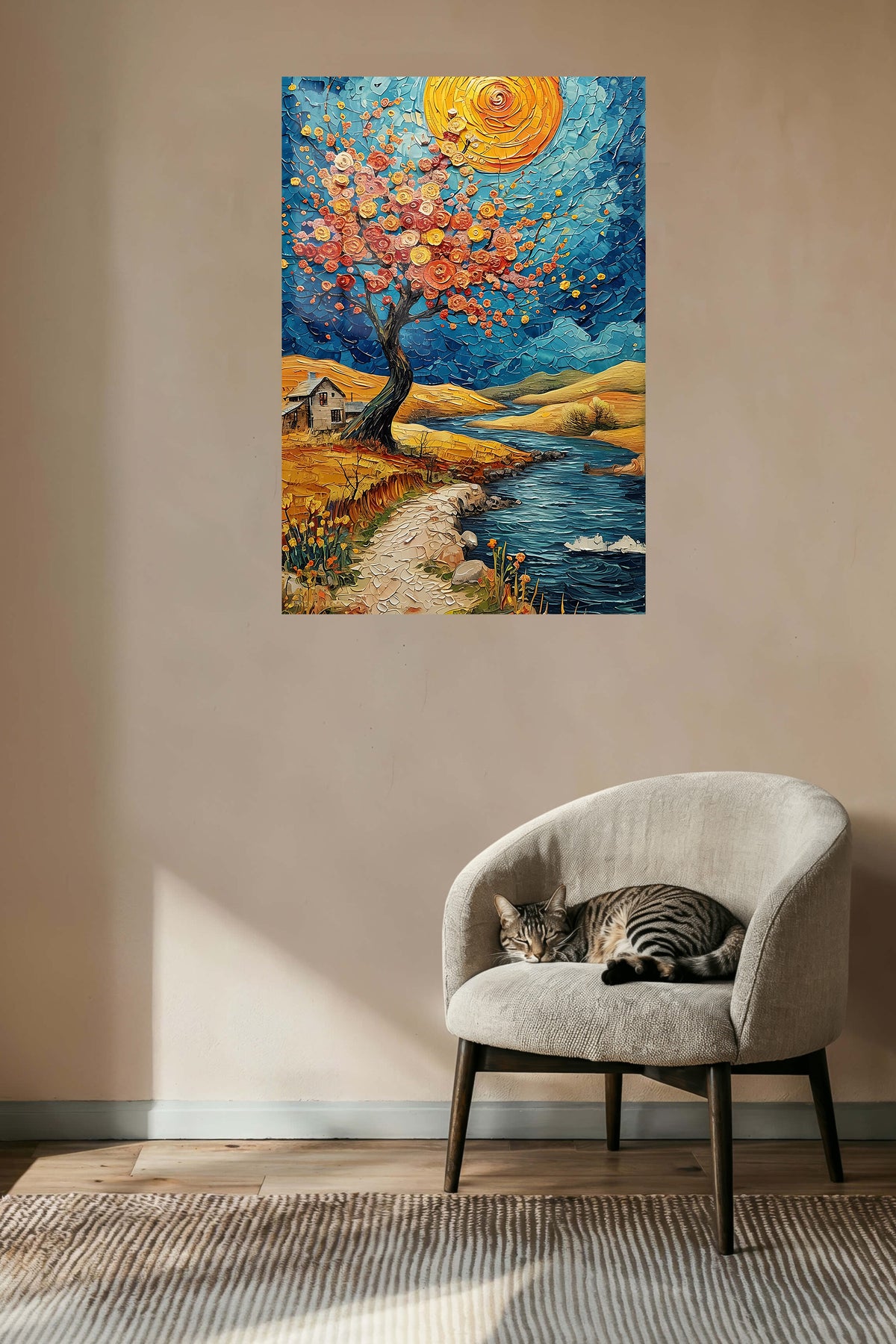 Golden Rose Tree by the River metal wall art displayed in a contemporary living space