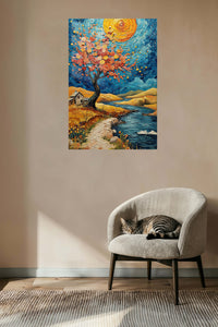 Golden Rose Tree by the River metal wall art displayed in a contemporary living space