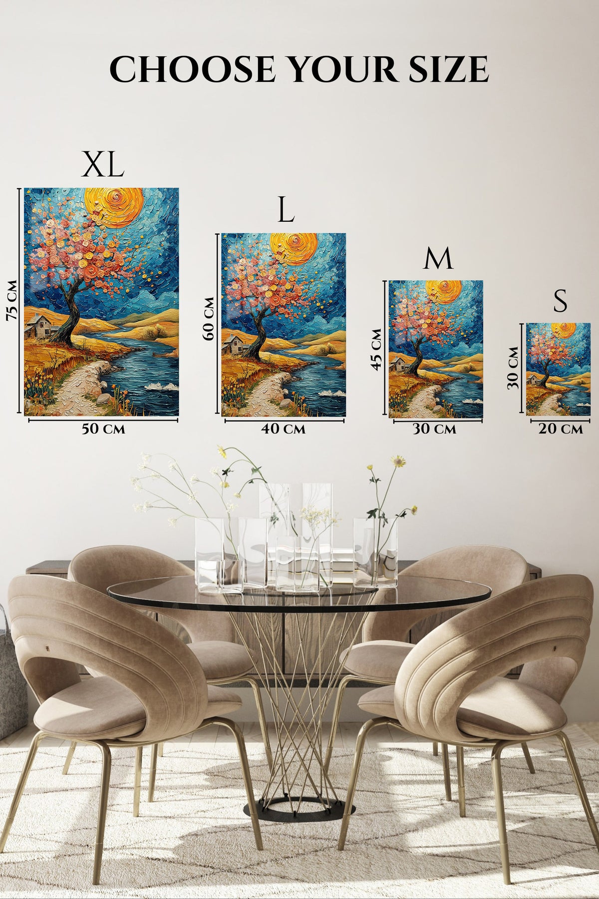 EMESA metal wall art size comparison guide for Golden Rose Tree by the River