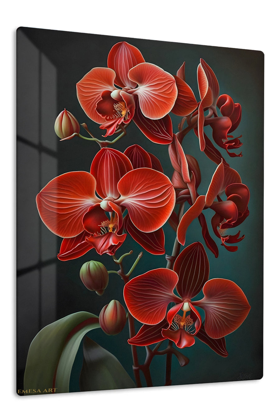 Crimson Orchid Cascade premium metal wall art – front view