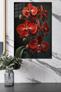 Crimson Orchid Cascade metal wall art displayed in a modern interior