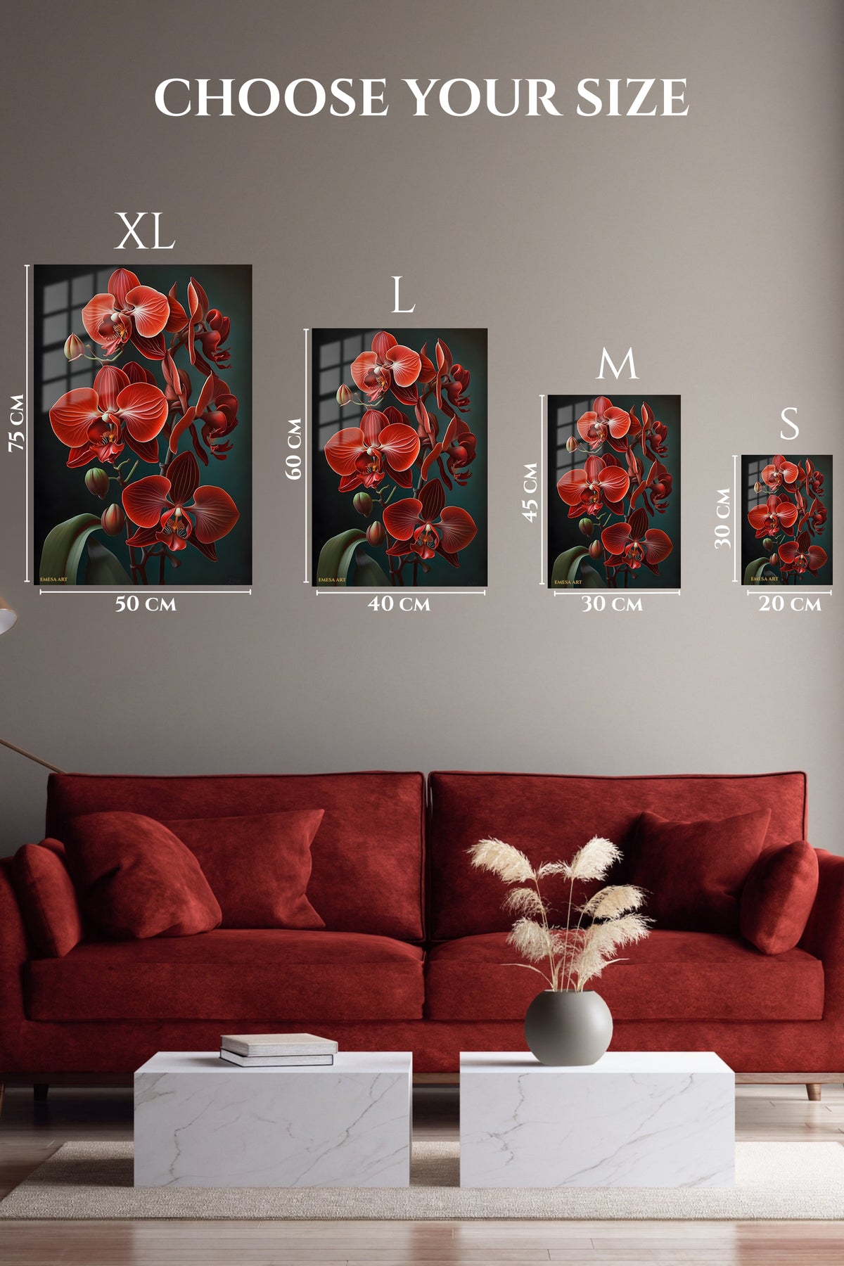 EMESA metal wall art size comparison guide for Crimson Orchid Cascade