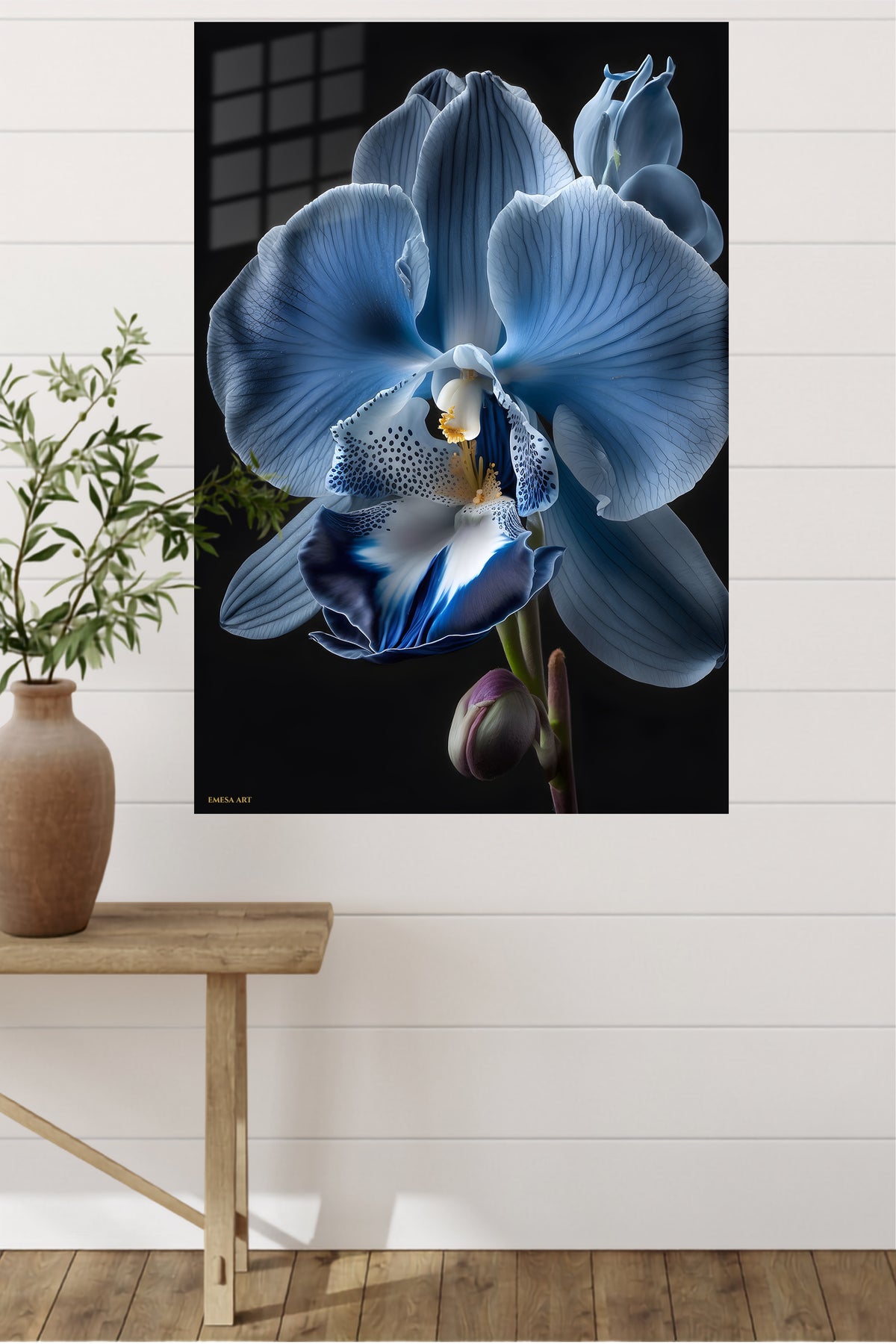 Midnight Blue Orchid Bloom metal wall art displayed in a modern interior