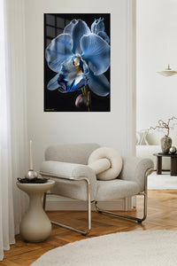 Midnight Blue Orchid Bloom metal wall art displayed in a contemporary living space