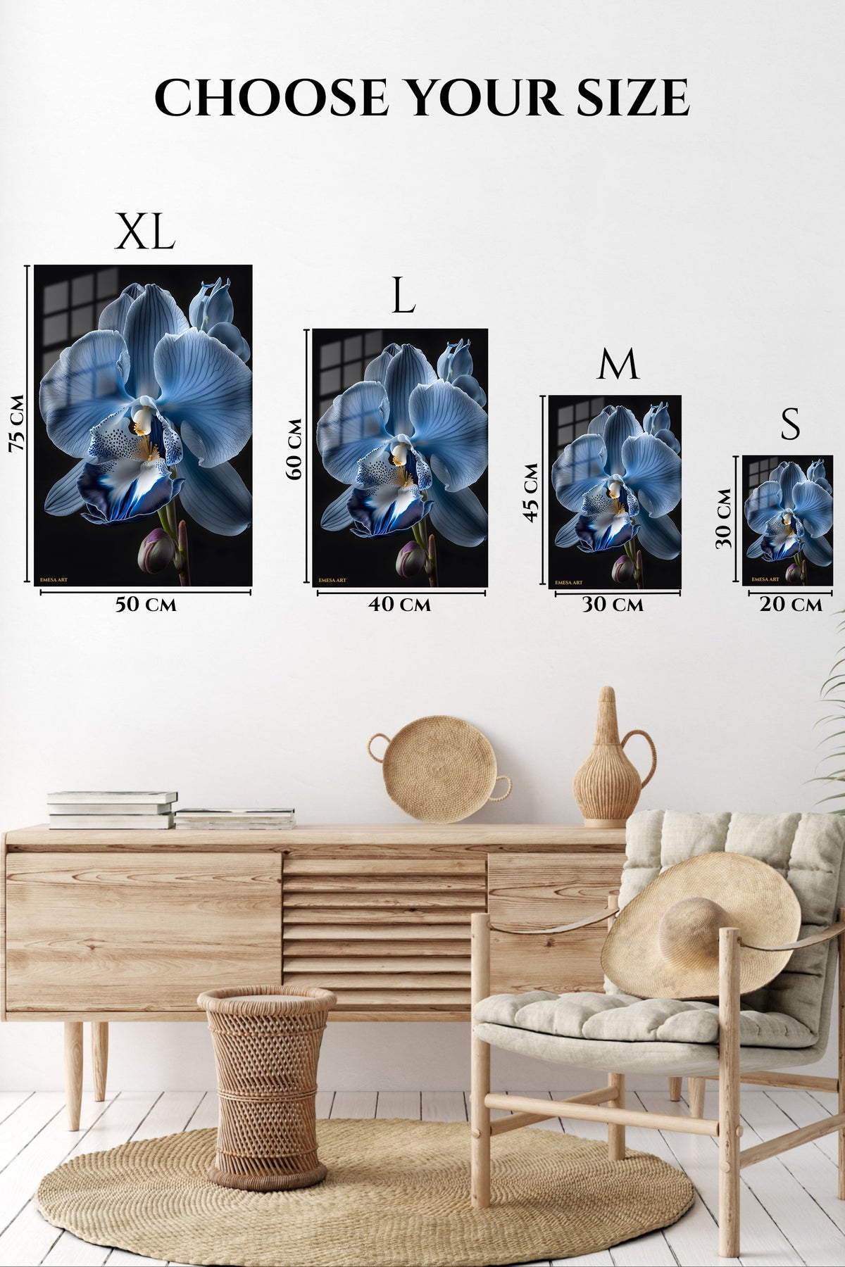 EMESA metal wall art size comparison guide for Midnight Blue Orchid Bloom