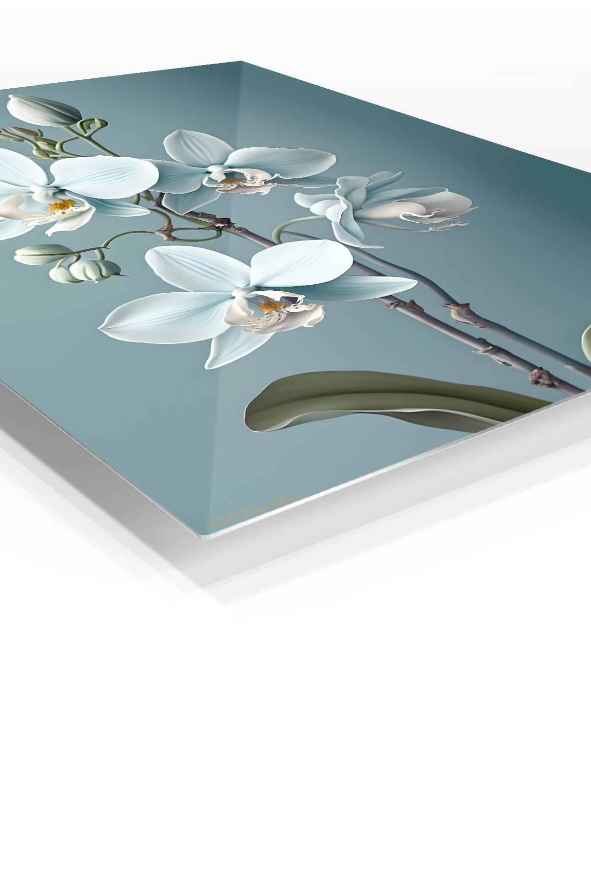 White Orchid Reverie premium metal wall art – angled view