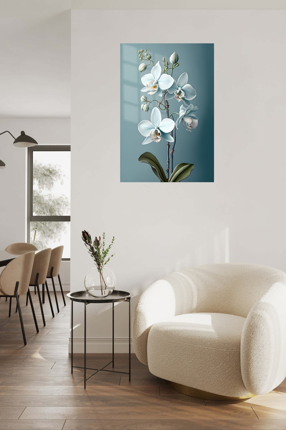 White Orchid Reverie metal wall art displayed in a contemporary living space