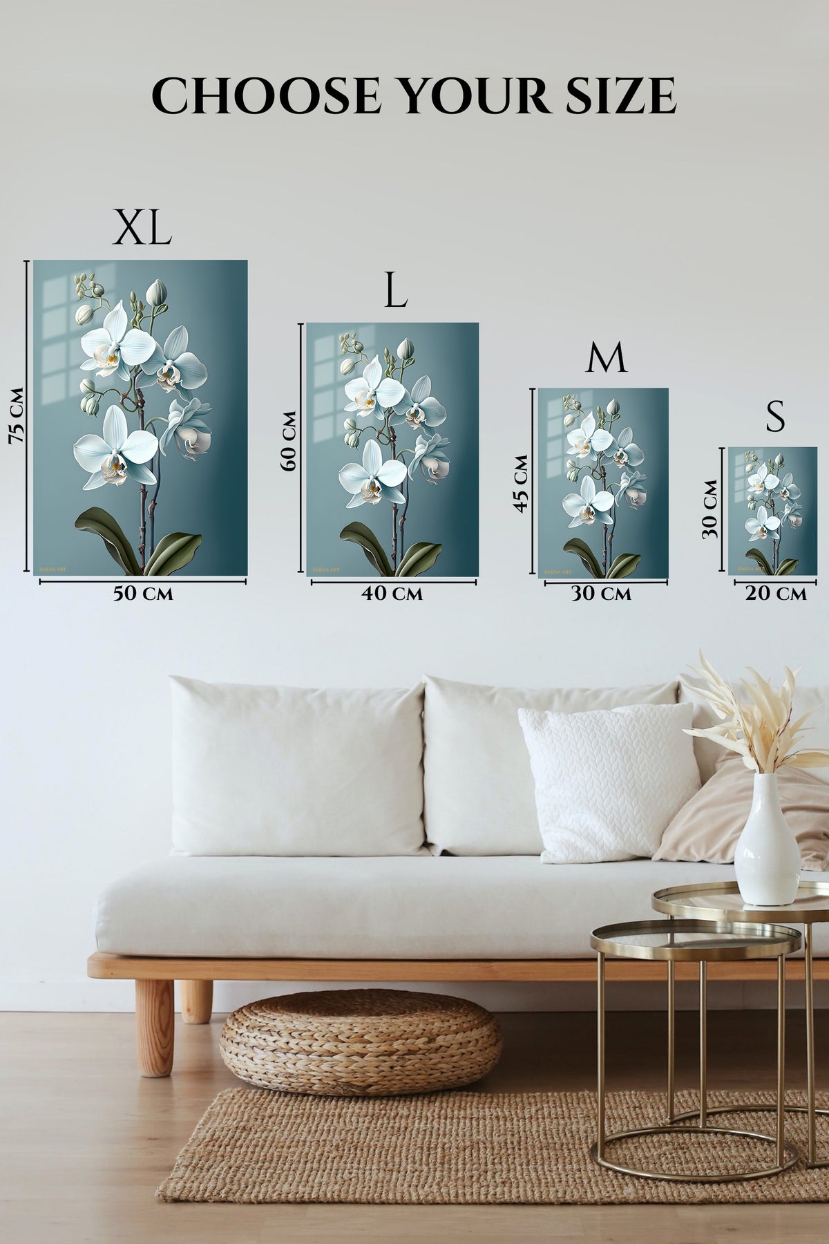 EMESA metal wall art size comparison guide for White Orchid Reverie