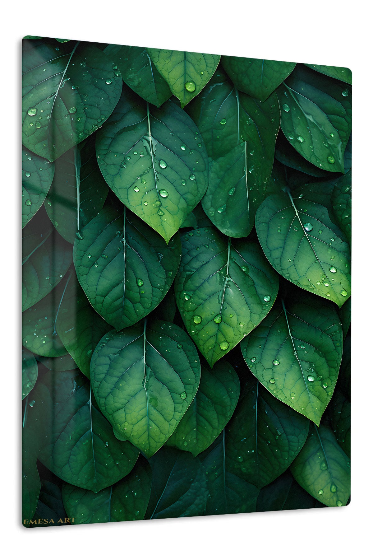Rain-Kissed Emerald Leaves premium metal wall art – front view
