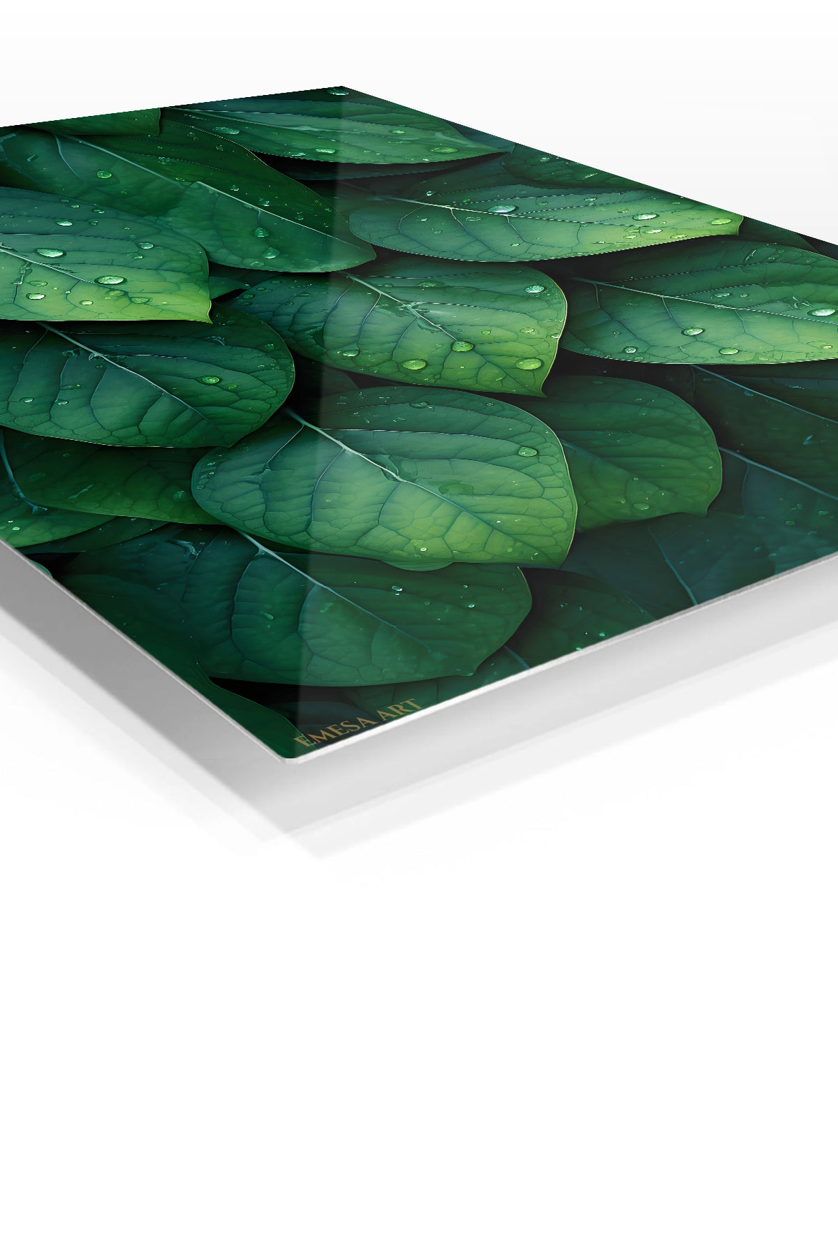 Rain-Kissed Emerald Leaves premium metal wall art – angled view