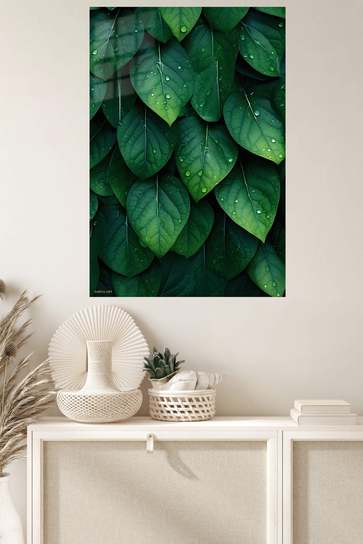 Rain-Kissed Emerald Leaves metal wall art displayed in a modern interior