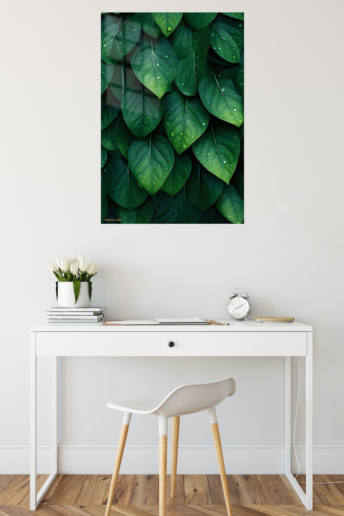 Rain-Kissed Emerald Leaves metal wall art displayed in a contemporary living space