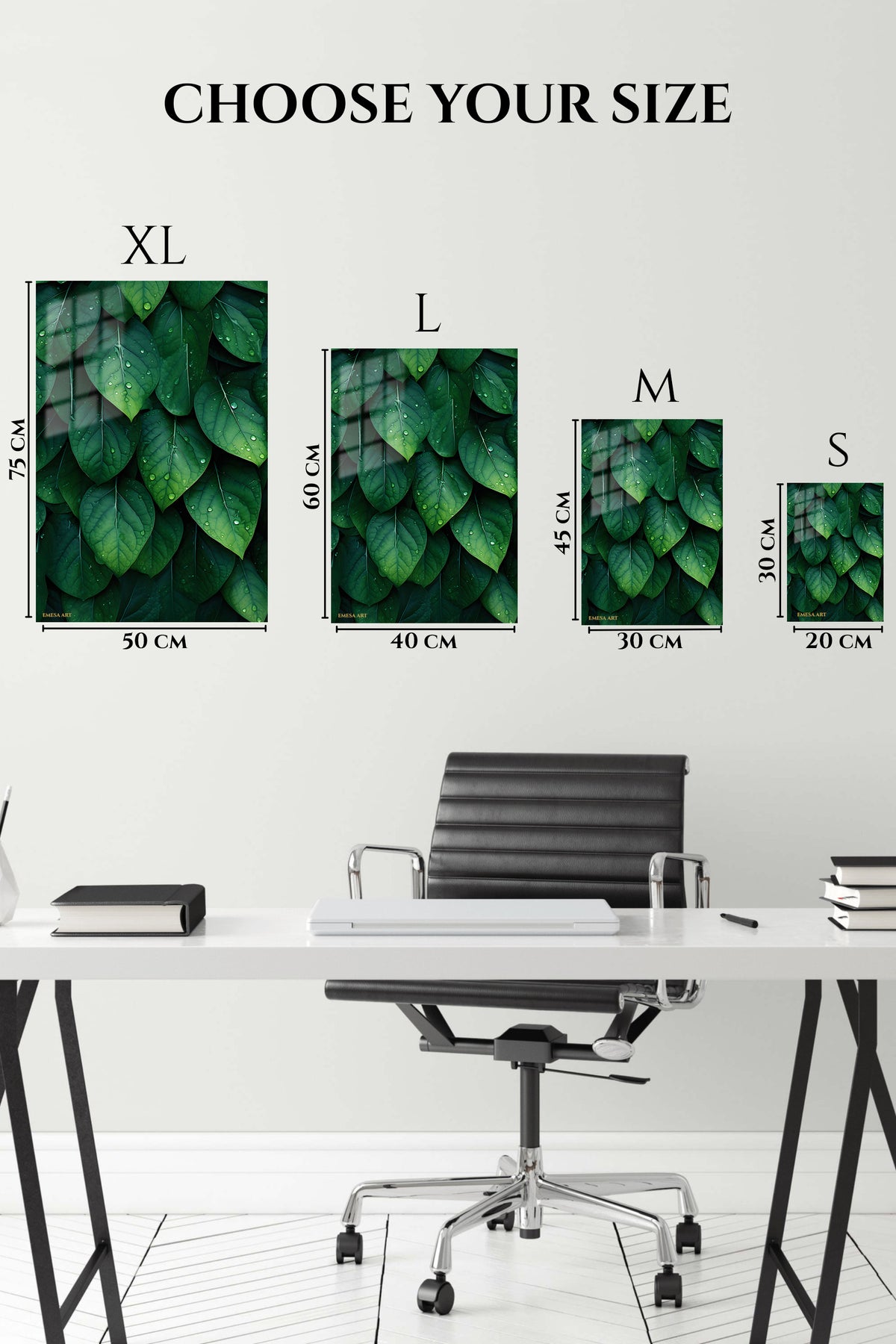 EMESA metal wall art size comparison guide for Rain-Kissed Emerald Leaves