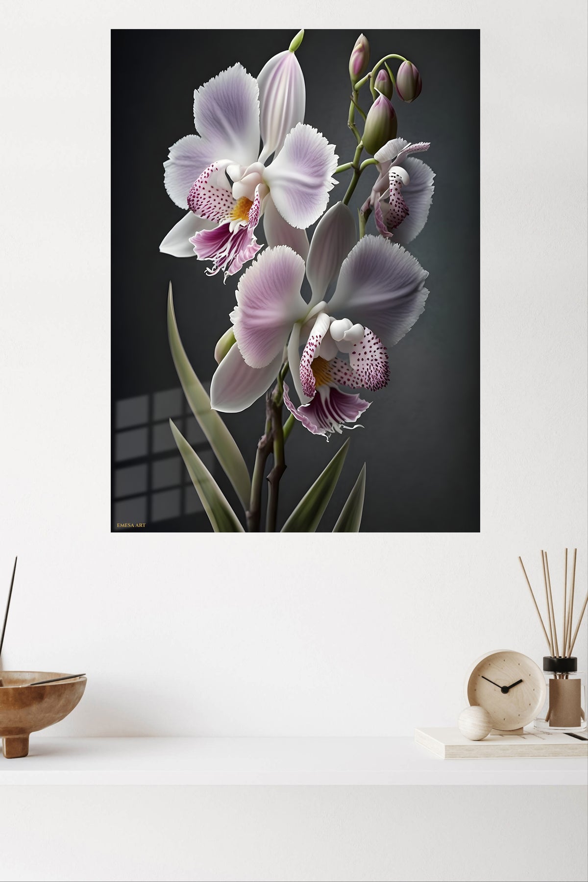 Lilac Orchid Elegance metal wall art displayed in a modern interior