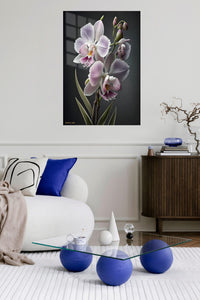 Lilac Orchid Elegance metal wall art displayed in a contemporary living space