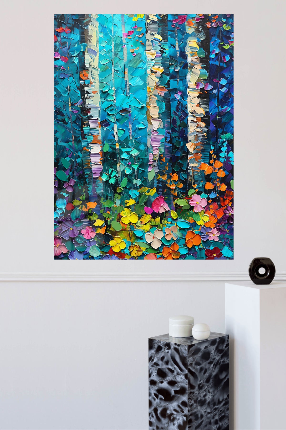 Vivid Birch Garden metal wall art displayed in a modern interior